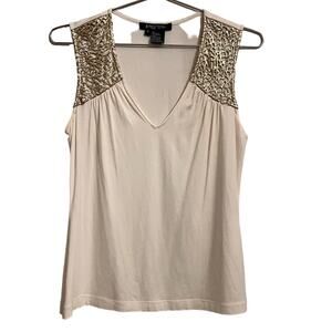 Etcetera Cream Sleeveless Top Gold Leather Laser Cut Accent S
